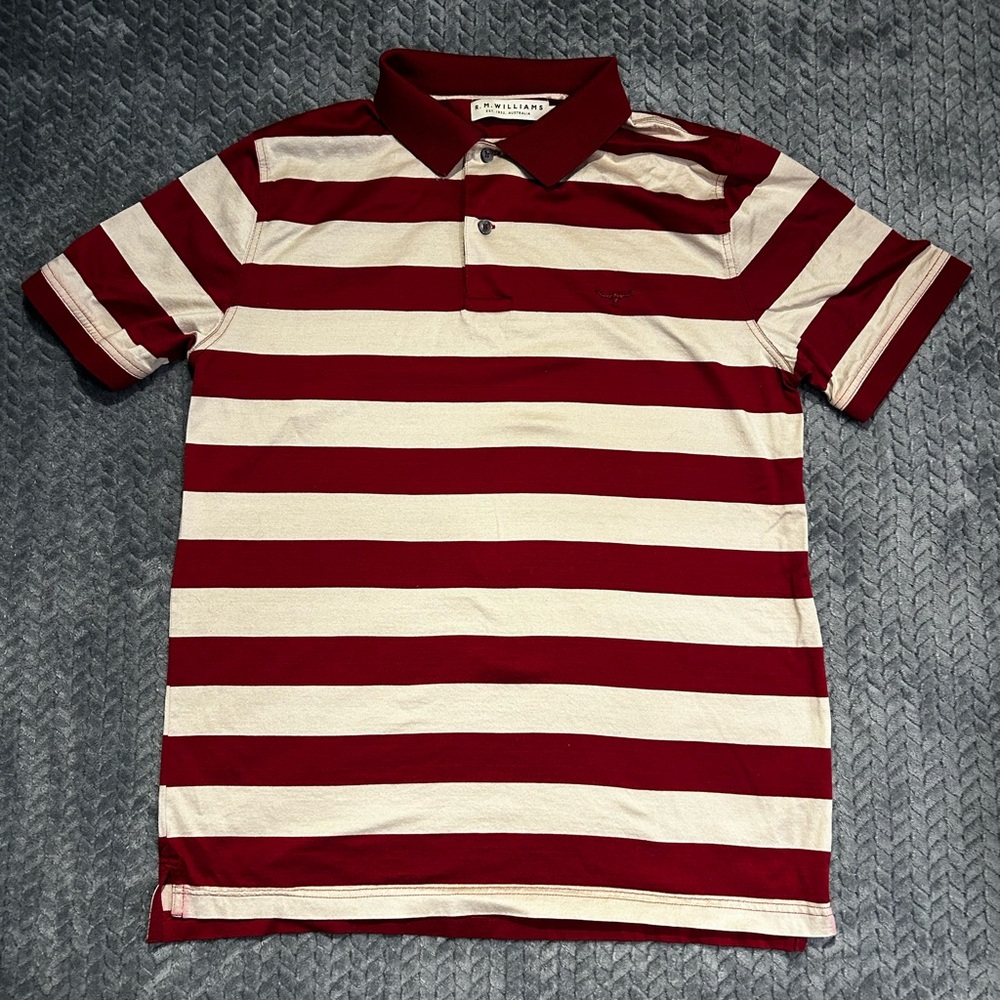 RM Williams Striped‎ Polo Shirt in Burgundy and Cream Size M